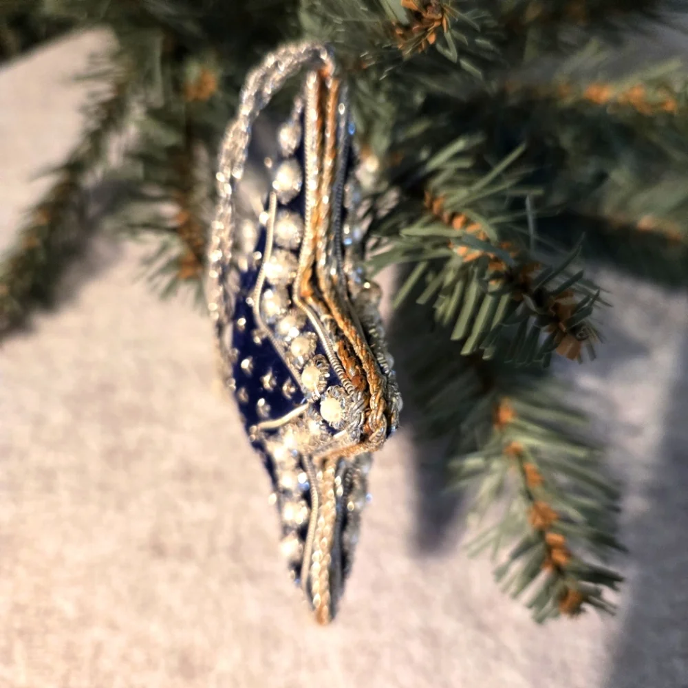 VTG Navy Blue Velvet Pearl Sequin Ornaments Lot of 2, Jeweled Star/Teardrop Ball